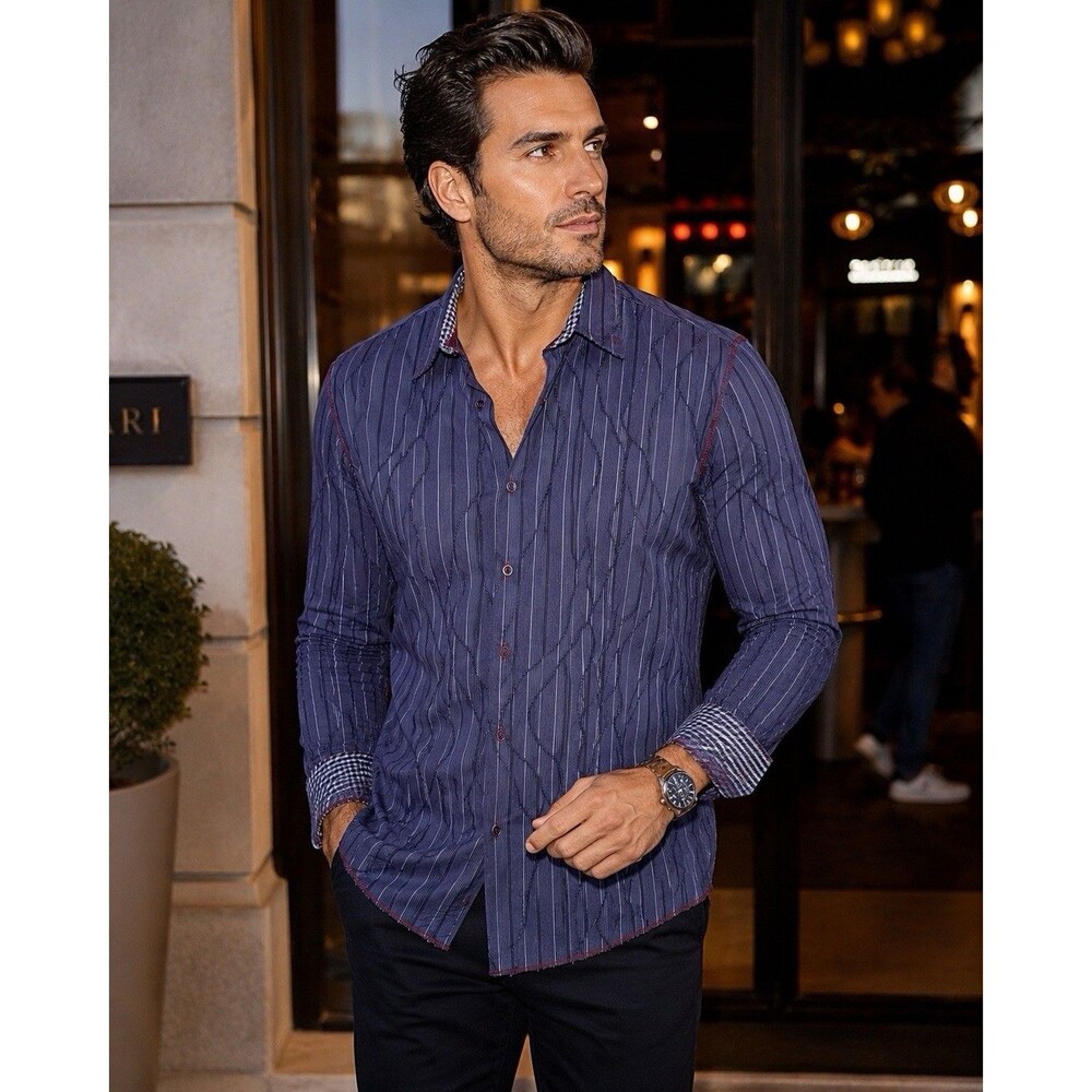 Bugatchi Shirt Mens Large Blue Striped Shaped Fit Long Sleeve Flip Cuffs